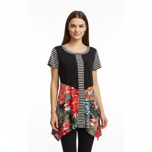 Frank Lyman Design Black Red Floral Striped Tunic Top - Size 8